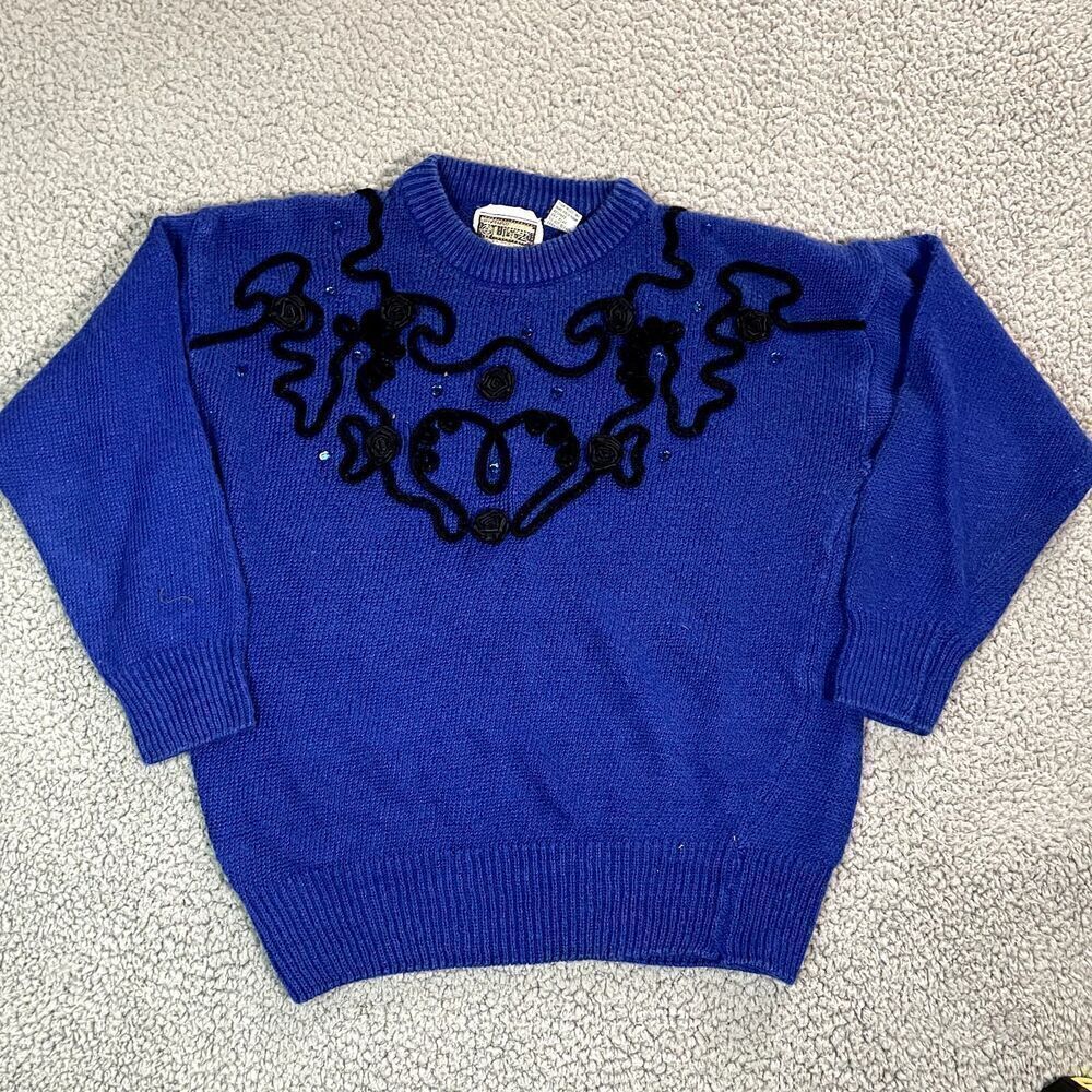 VTG Glitz Floral Sweater Women's Grannycore Embroidery Patch Blue Large Petite
